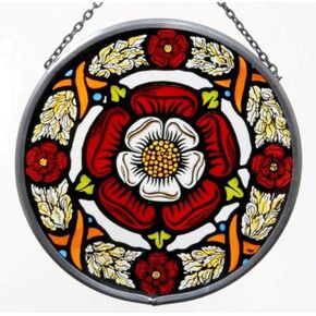 Decorative Hand Printed Stained Glass Window Sun Catcher/Roundel in a Tudor Rose Design.