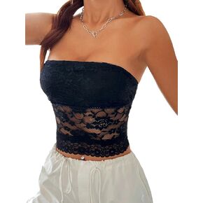 SHENHE Women's Strapless Contrast Lace Scallop Trim Crop Tube Top Sexy Bandeau Top