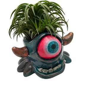 Monster Pot Planter Flower pot head Air Plant Teeth made of gravel ONE EYE green with copper
