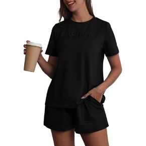 WOWULOVELY Women's 2 Piece Outfits Sets Letter Sweatsuits Short Sleeve Tops Lounge Drawstring Shorts with Pockets