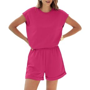 2 Piece Outfits for Women Lightweight Matching Lounge Sets Cap Sleeve Top and Elastic Waisted Shorts