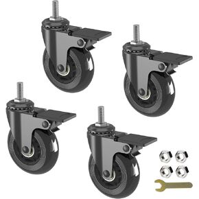 Set of 4 Caster Wheels with Locking,Heavy Duty 5/16"-18UNC Threaded Stem Casters,Mute Rubber Swivel Wheels with Brake,Industrial/Furniture Wheels,150lbs Load Capacity Per Castor