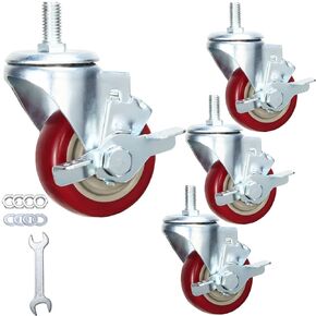 Heavy Duty Stem Caster Wheels Soft PU Threaded Stem Casters 1/2"-13 x 1" (Stem Diameter 1/2", Stem Length 1") Dual Locking with Side Brakes Casters Set of 4 (4 Inch)