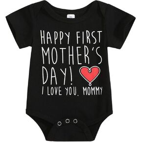 ملابس عيد الأم من Xinlykid للأطفال الأولاد والبنات ملابس عيد الأم السعيدة الأولى لعيد الأم بدلة قفز للأطفال الأولاد والبنات ملابس عيد الأم باللون الأسود in Kuwait