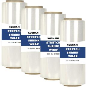 HS Premium Stretch Wrap, 1 Box of 4 Rolls, 1476 Ft. x 12-Inch Wide, Heavy Duty Self-Adhering Cling Film for Efficient Shipping, Moving, and Packaging, Clear, Durable 90 Gauge Thickness