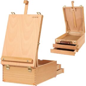 VISWIN Large Tabletop Easel Box with 3-Drawer, Hold Canvas up to 25", Portable Beech Wood Storage Easel Box for Painting Canvas, Drawing, Sketching & Art Supplies, Adults, Beginners, Artists