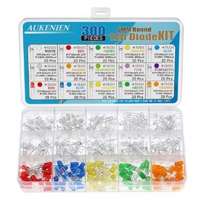 AUKENIEN 15 Colors 300pcs 5MM LED Diodes Light Emitting Diode Assortment Kit Red Blue Yellow Green Warm White Orange Pink Purple Chartreuse Round Clear LED Lighting Bulb Lamp for Electronics