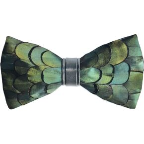 Men Handmade Feather Bow Tie Adjustable Neck Cravat Copper Green Bottom Pu