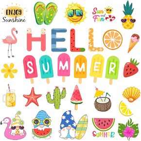 64 PCS Hello Summer Cutouts for Bulletin Board Decoration, Tropical Hawaiian Paper Cutouts Summer Cut Outs for Summer Classroom Bulletin Board School Party Wall Decoration