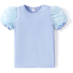 PATPAT Toddler Kid Girls Mesh Puff Short Sleeve Casual Cute Solid T-Shirt Pullover Blouse Tops