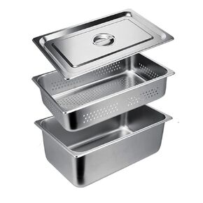 3pcs Stainless Steam Hotel Pan 6-inch 1/2 Half-Size 22 Gauge Stainless Steel Anti-Jam Steam Table Pan with Lid Perforated Steam Pan(1/2 Size Pan)