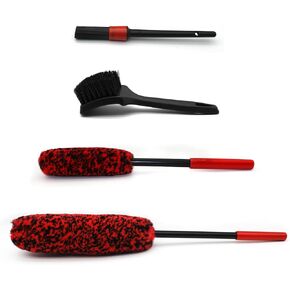 Wheel Brush Kit for Cleaning Wheel and Tire, 2 Soft Bendable Wheel Woolies Cleaning Brush, Stiff Tire Brush, Detailing Brush, Flexible&Durable Wheel Rim Cleaner Brush Set (Red)
