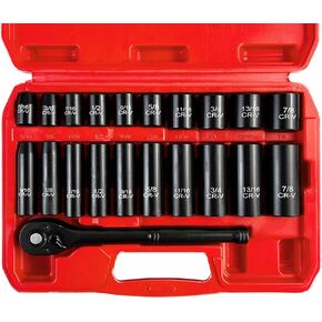 21pcs 3/8" Socket Set,Drive Impact Socket Set, SAE, Deep & Shallow, Cr-V Steel, 6 Point with Adapters, 72T Ratchet Handle, 5/16-7/8inch