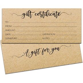 Blank Gift Certificates for Business - 25 Rustic Gift Certificate Cards with for Spa, Salon, Restaurants, Custom Client Vouchers for Birthday, 4x9 Inches Work Gift Card (Kraft Design)