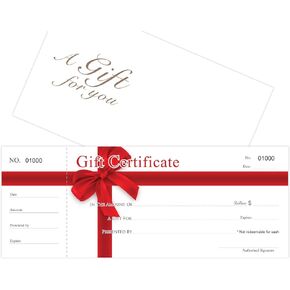 IMPACTONLINEPRINTING شهادات هدايا فارغة 25 مجموعة، شهادة هدية للأعمال، Gift-RED-RIBBON-PP، تأتي مع مظاريف مطابقة، طباعة ترقيم تسلسلي