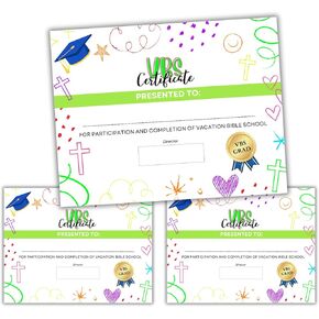 VBS Certificates of Completion | 50 pk Attendance Graduation Certificate Religious Award for Kids 11x 8.5" Bible School Participation Supplies
