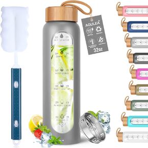 Aqulea 32 Oz Glass Water Bottle with Times to Drink - BPA Free Reusable Wide Mouth Glass Motivational Water Bottles with Infuser & Silicone Sleeve – Borosilicate Water Bottle with Time Marker