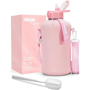 YOUCAN PLATO 74 oz Half Gallon Water Bottle with Sleeve-Large Water Bottle -Big Gym Water Bottle with Straw- Gallon Water Jug with Handle and Bottle Brush-BPA Free- Leakproof, workout bottle,Black