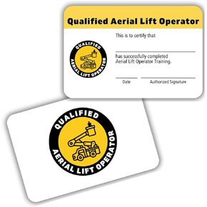 Qualified Aerial Lift Operator Certification Card | 5 pk 3.5x2.25" Plastic Wallet Training Certificate Fill In Name Completion Certificate OSHA Checklist