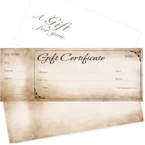 Blank Gift Certificates Cards with Free Envelopes 25 set with Stub - Rustic Image - Gift Certificates for Small Business