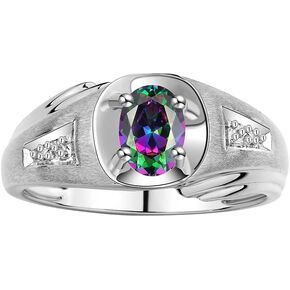 Rylos Men's Rings Classic Designer Style 8X6MM Oval Gemstone & Sparkling Diamond Ring - Color Stone Birthstone Sterling Silver Ring for Men, Sizes 8-13. Timeless Men's Jewelry!
