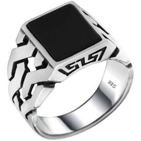 Men's Black Onyx Ring in Solid Genuine Sterling Silver with 925 Stamp Handmade Cuban Link Chain Motif Braided Ring