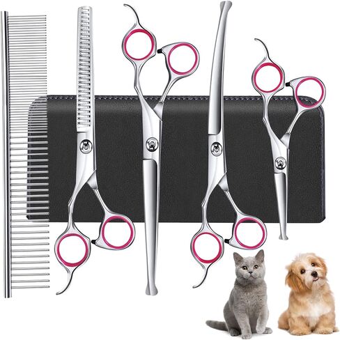لوازم العناية بالقطط، مقص للعناية بالكلاب من الفولاذ المقاوم للصدأ 4CR، مقص للكلاب 6 في 1 للتزيين برأس مستدير آمن، مقص للعناية بالحيوانات الأليفة شديد التحمل للكلاب والقطط والأرانب والحيوانات الأخرى (وردي) in Kuwait