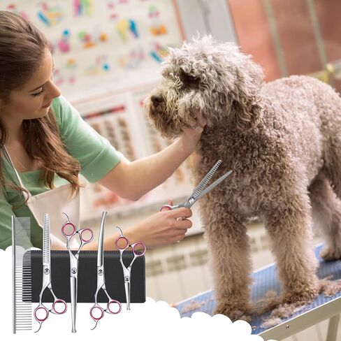 لوازم العناية بالقطط، مقص للعناية بالكلاب من الفولاذ المقاوم للصدأ 4CR، مقص للكلاب 6 في 1 للتزيين برأس مستدير آمن، مقص للعناية بالحيوانات الأليفة شديد التحمل للكلاب والقطط والأرانب والحيوانات الأخرى (وردي) in Kuwait