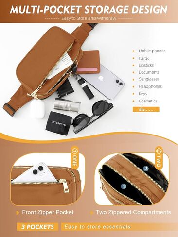 FIORETTO Fanny Packs for Women Men Fashion Crossbody Belt Bag with 3 Zipped Pocket Adjustable Small Waist Pouch Bum Bag for Dog Walking Running Hiking Travel Workout Brown in Saudi Arabia