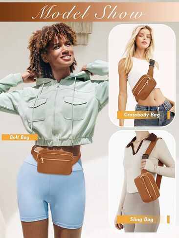 FIORETTO Fanny Packs for Women Men Fashion Crossbody Belt Bag with 3 Zipped Pocket Adjustable Small Waist Pouch Bum Bag for Dog Walking Running Hiking Travel Workout Brown in Saudi Arabia