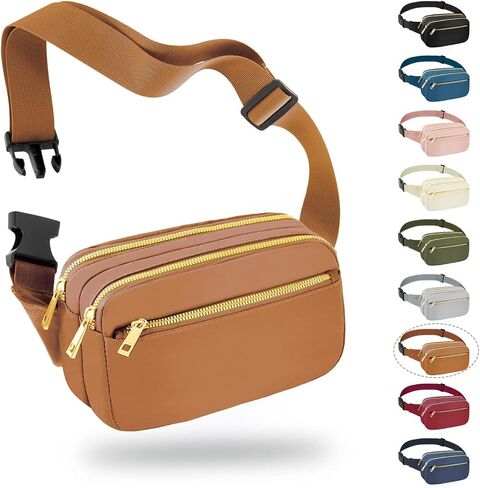FIORETTO Fanny Packs for Women Men Fashion Crossbody Belt Bag with 3 Zipped Pocket Adjustable Small Waist Pouch Bum Bag for Dog Walking Running Hiking Travel Workout Brown in Saudi Arabia