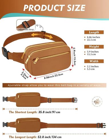FIORETTO Fanny Packs for Women Men Fashion Crossbody Belt Bag with 3 Zipped Pocket Adjustable Small Waist Pouch Bum Bag for Dog Walking Running Hiking Travel Workout Brown in Saudi Arabia