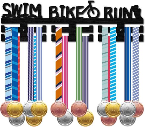 CREATCABIN Wood Triathlon Medal Holder Sport Medal Hanger Display Swim Bike Run Medal Rack Wall Rack Mounted Over 30 Medals Awards Ribbon Stand Running for Competition Athletes Medalist 15.7x4.5 Inch in Saudi Arabia