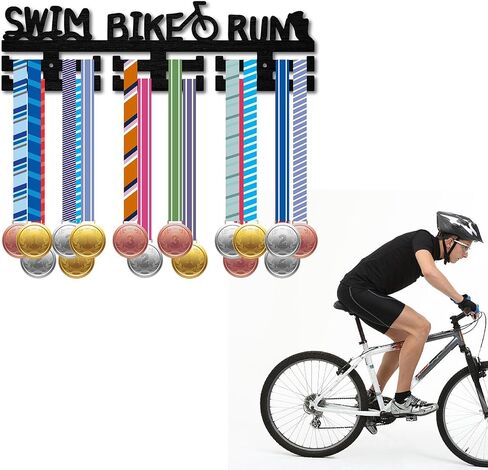 CREATCABIN Wood Triathlon Medal Holder Sport Medal Hanger Display Swim Bike Run Medal Rack Wall Rack Mounted Over 30 Medals Awards Ribbon Stand Running for Competition Athletes Medalist 15.7x4.5 Inch in Saudi Arabia