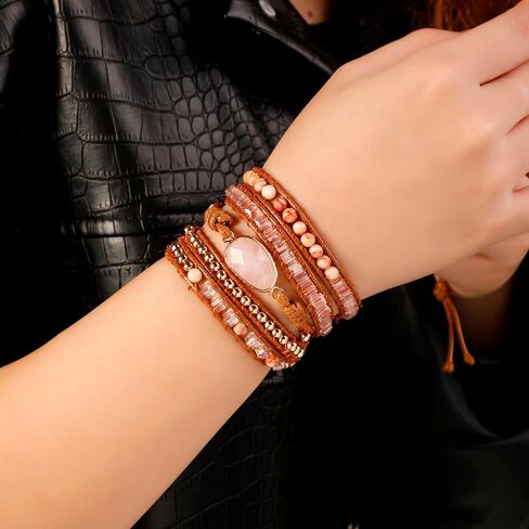 Artilady Boho Wrap Bracelet for Women Leather Rose Quartz Agete Bracelets Healing Crystal Jewelry Stackable Natural Stone Gift for Girls in Saudi Arabia