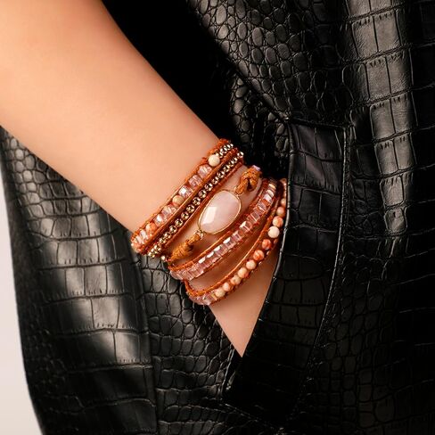 Artilady Boho Wrap Bracelet for Women Leather Rose Quartz Agete Bracelets Healing Crystal Jewelry Stackable Natural Stone Gift for Girls in Saudi Arabia
