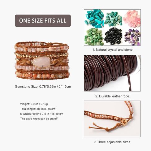 Artilady Boho Wrap Bracelet for Women Leather Rose Quartz Agete Bracelets Healing Crystal Jewelry Stackable Natural Stone Gift for Girls in Saudi Arabia