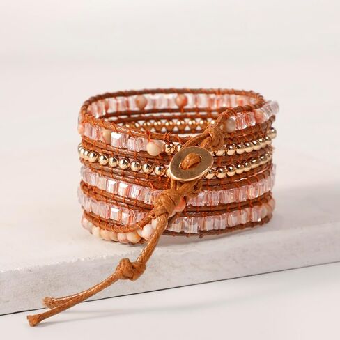 Artilady Boho Wrap Bracelet for Women Leather Rose Quartz Agete Bracelets Healing Crystal Jewelry Stackable Natural Stone Gift for Girls in Saudi Arabia