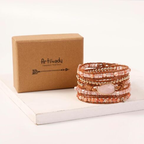 Artilady Boho Wrap Bracelet for Women Leather Rose Quartz Agete Bracelets Healing Crystal Jewelry Stackable Natural Stone Gift for Girls in Saudi Arabia
