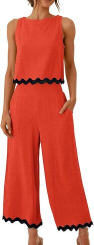 Dokuritu Two Piece Sets for Women Summer Sleeveless Tank Crop Button Back Top Wide Leg Pants Linen Set with Pockets in Saudi Arabia