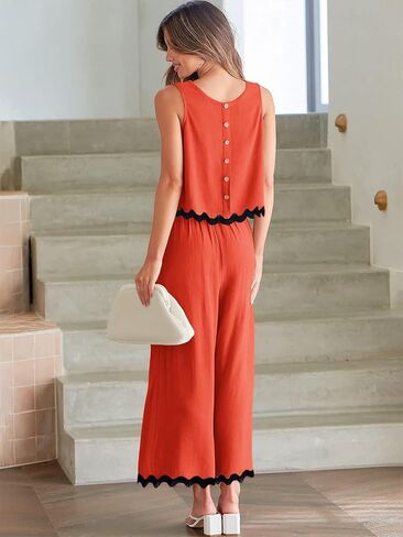 Dokuritu Two Piece Sets for Women Summer Sleeveless Tank Crop Button Back Top Wide Leg Pants Linen Set with Pockets in Saudi Arabia