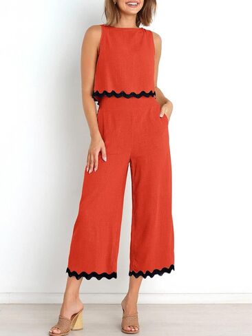Dokuritu Two Piece Sets for Women Summer Sleeveless Tank Crop Button Back Top Wide Leg Pants Linen Set with Pockets in Saudi Arabia