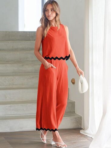 Dokuritu Two Piece Sets for Women Summer Sleeveless Tank Crop Button Back Top Wide Leg Pants Linen Set with Pockets in Saudi Arabia