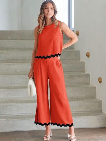Dokuritu Two Piece Sets for Women Summer Sleeveless Tank Crop Button Back Top Wide Leg Pants Linen Set with Pockets in Saudi Arabia