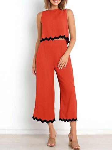 Dokuritu Two Piece Sets for Women Summer Sleeveless Tank Crop Button Back Top Wide Leg Pants Linen Set with Pockets in Saudi Arabia