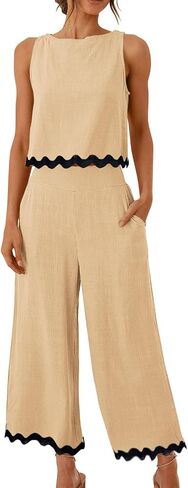 Dokuritu Two Piece Sets for Women Summer Sleeveless Tank Crop Button Back Top Wide Leg Pants Linen Set with Pockets in Saudi Arabia
