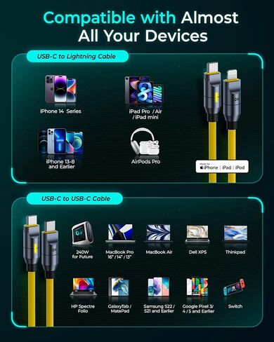 AOHI 240W 8 in 1 USB C Cable & Lightning Cable Set, The Future PD3.1 Type C Fast Charging Cable and MFi Certified Lightning Cable Set for iPhone MacBook iPad Galaxy in Saudi Arabia