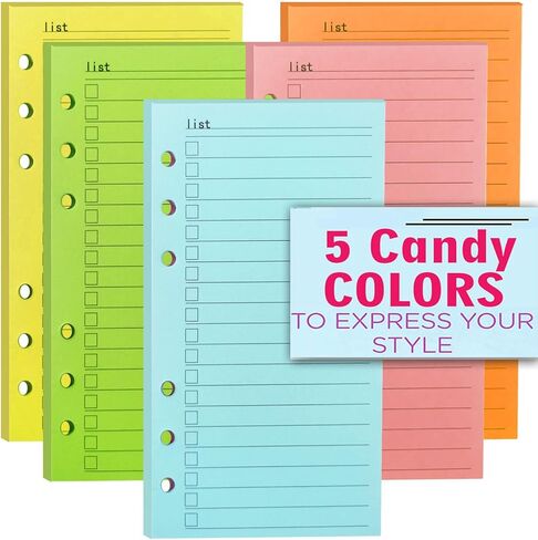 ورق إعادة تعبئة A6 ملون، 6 فتحات، مخطط ورقي فضفاض، إدراج الميزانية، 6 حلقات، ورق حشو سميك (90 ورقة ملونة مبطنة) in Kuwait