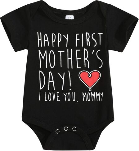 ملابس عيد الأم من Xinlykid للأطفال الأولاد والبنات ملابس عيد الأم السعيدة الأولى لعيد الأم بدلة قفز للأطفال الأولاد والبنات ملابس عيد الأم باللون الأسود in Kuwait