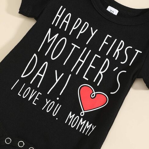 ملابس عيد الأم من Xinlykid للأطفال الأولاد والبنات ملابس عيد الأم السعيدة الأولى لعيد الأم بدلة قفز للأطفال الأولاد والبنات ملابس عيد الأم باللون الأسود in Kuwait